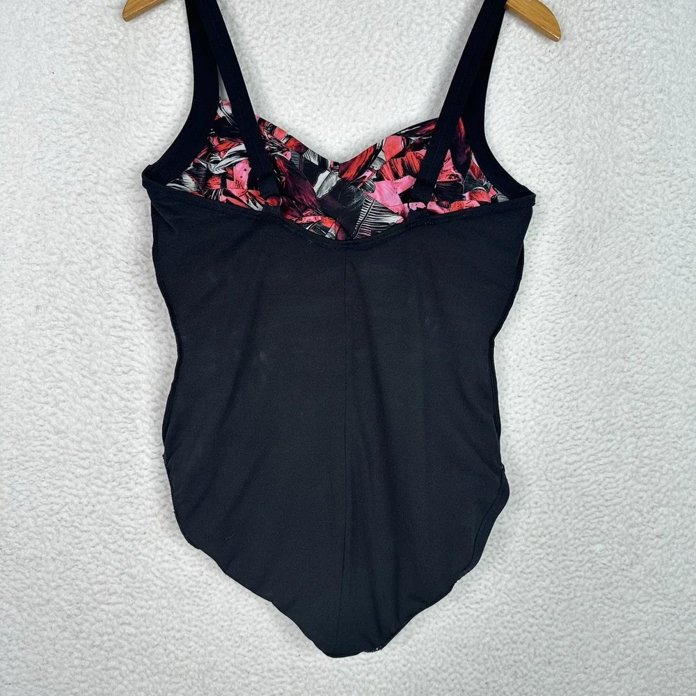 Gabar One Piece Swimsuit Women's Size 14 Tummy Control Black Pink Floral Ruched